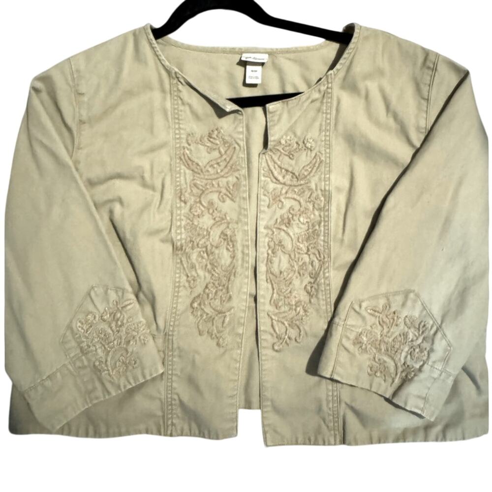 Venezia Embroidered Twill Open Front Blazer Beige Womens SZ 18/20 Neutral Boho